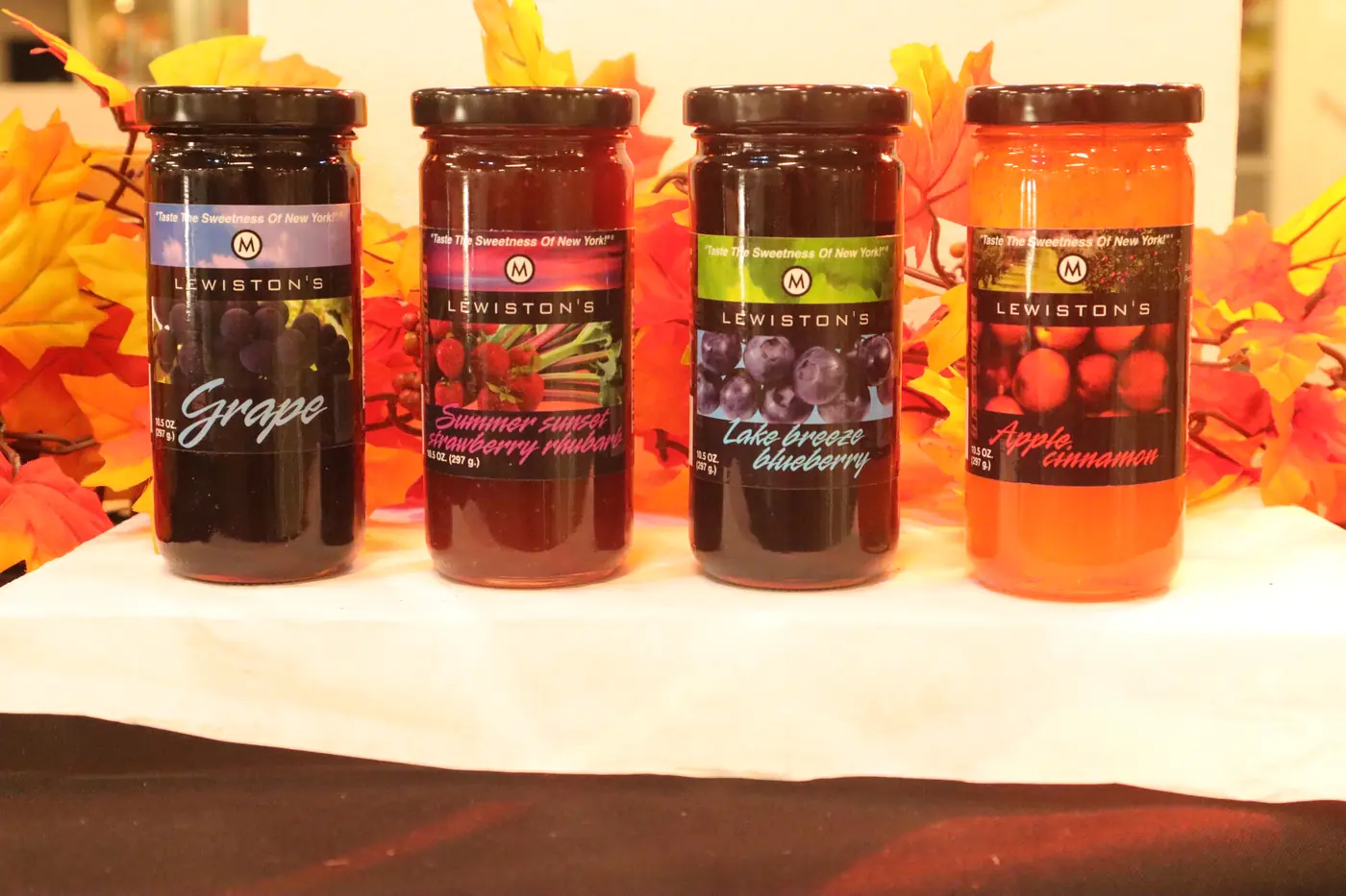 Lewiston's jellies lined up with autumn leaves